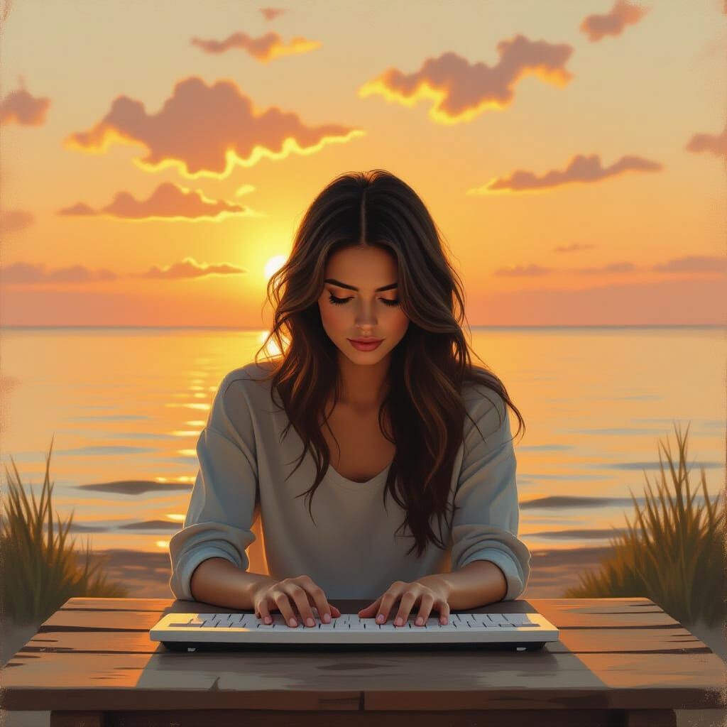 Woman at Shoreline Table Typing, Oil Painting Style