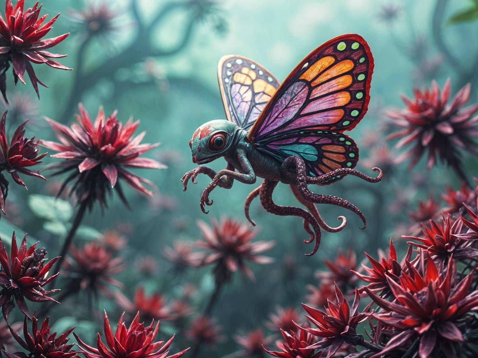 Retro Cyberpunk Alien Jungle Scene in Vibrant Colors