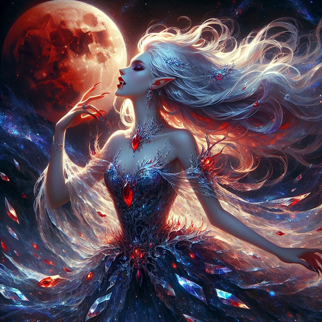Vampire Woman Under Red Moon: Fantasy Concept Art