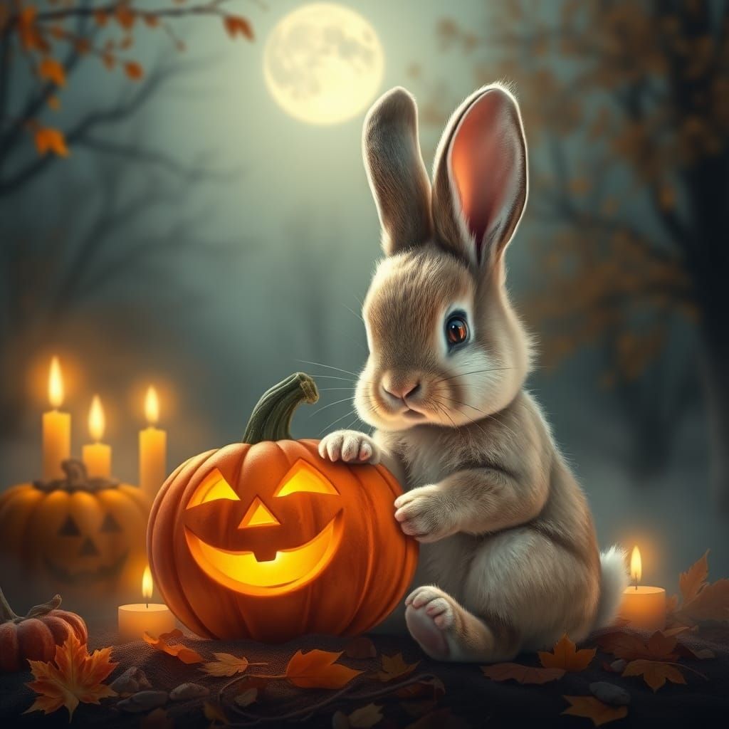 Adorable Rabbit Carving Pumpkin on Halloween Night
