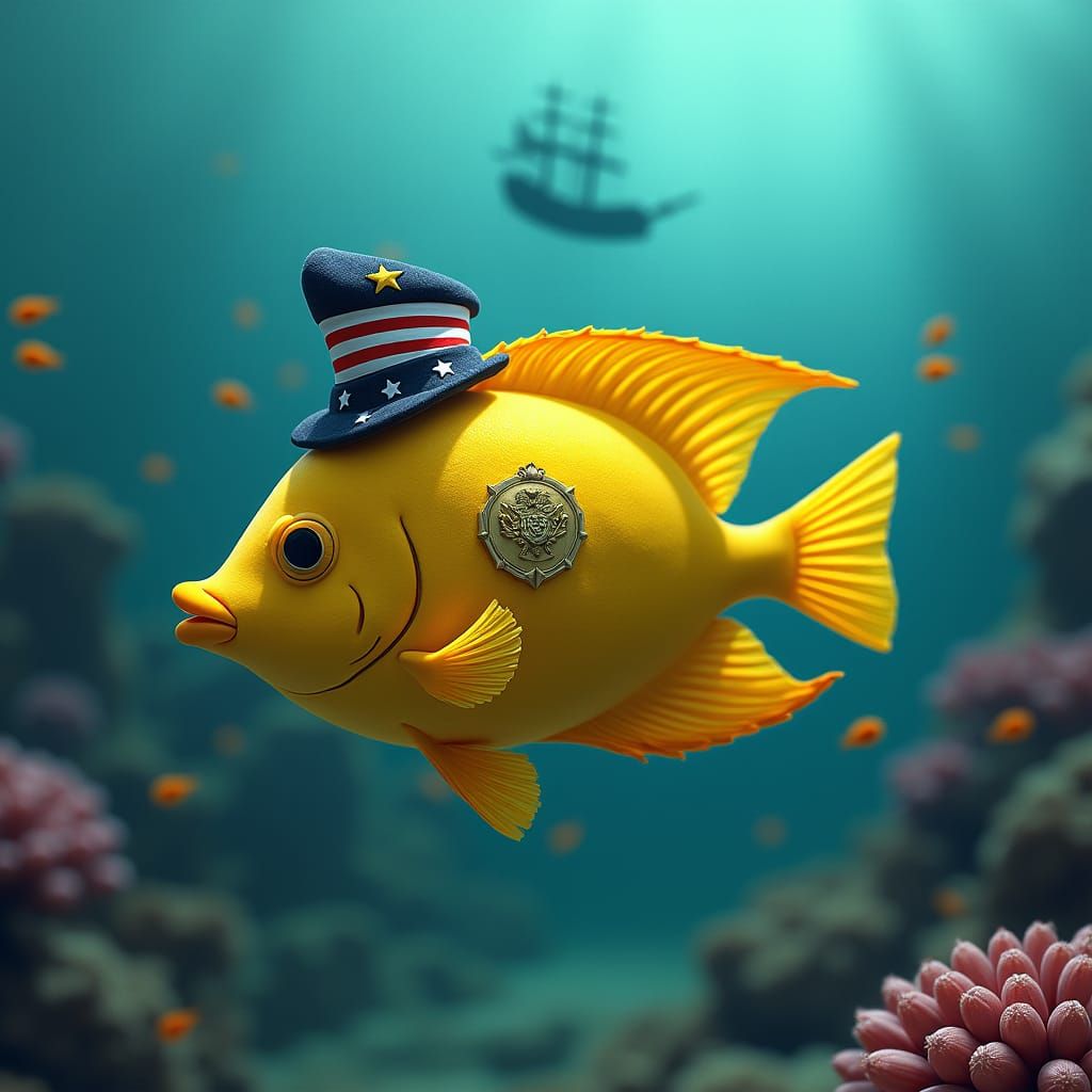 Patriotic Yellow Tang Fish in Veteran Costume