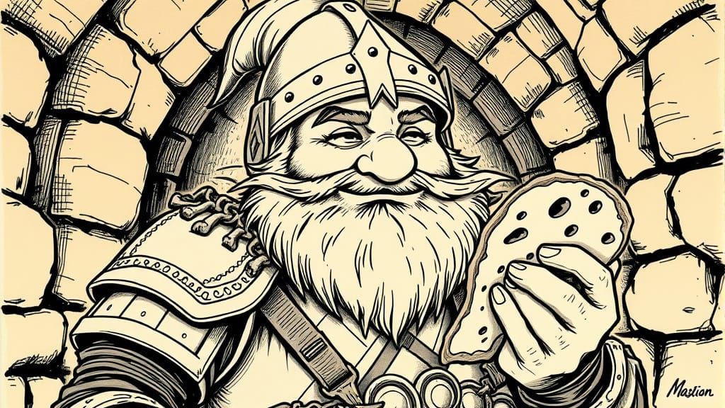 Sepia Toned Medieval Fantasy Dwarf Savoring Bread in Dungeon