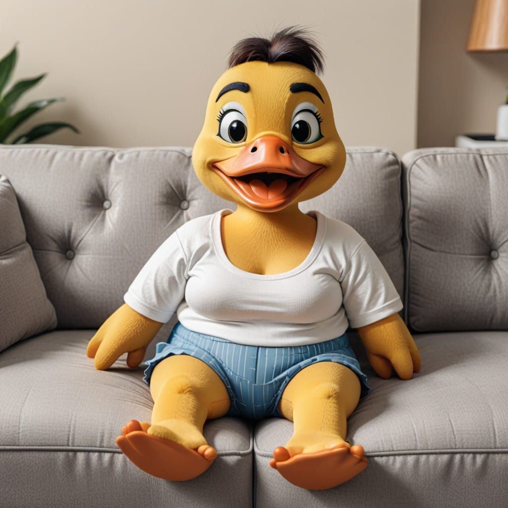 Sassy Cartoon Duck Posing on a Couch in Lingerie