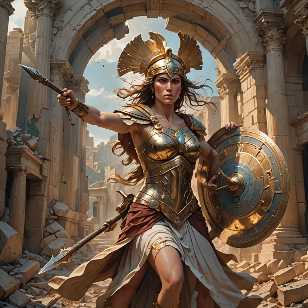 Athena, Goddess of War, in Ancient City Ruins