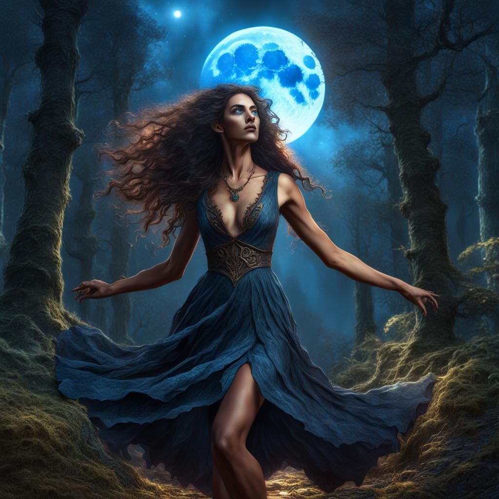 Nature Witch Dancing Under the Moon, Digital Art