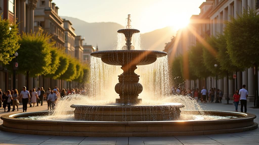 Ornate Fountain in Bustling Plaza at Golden Hour