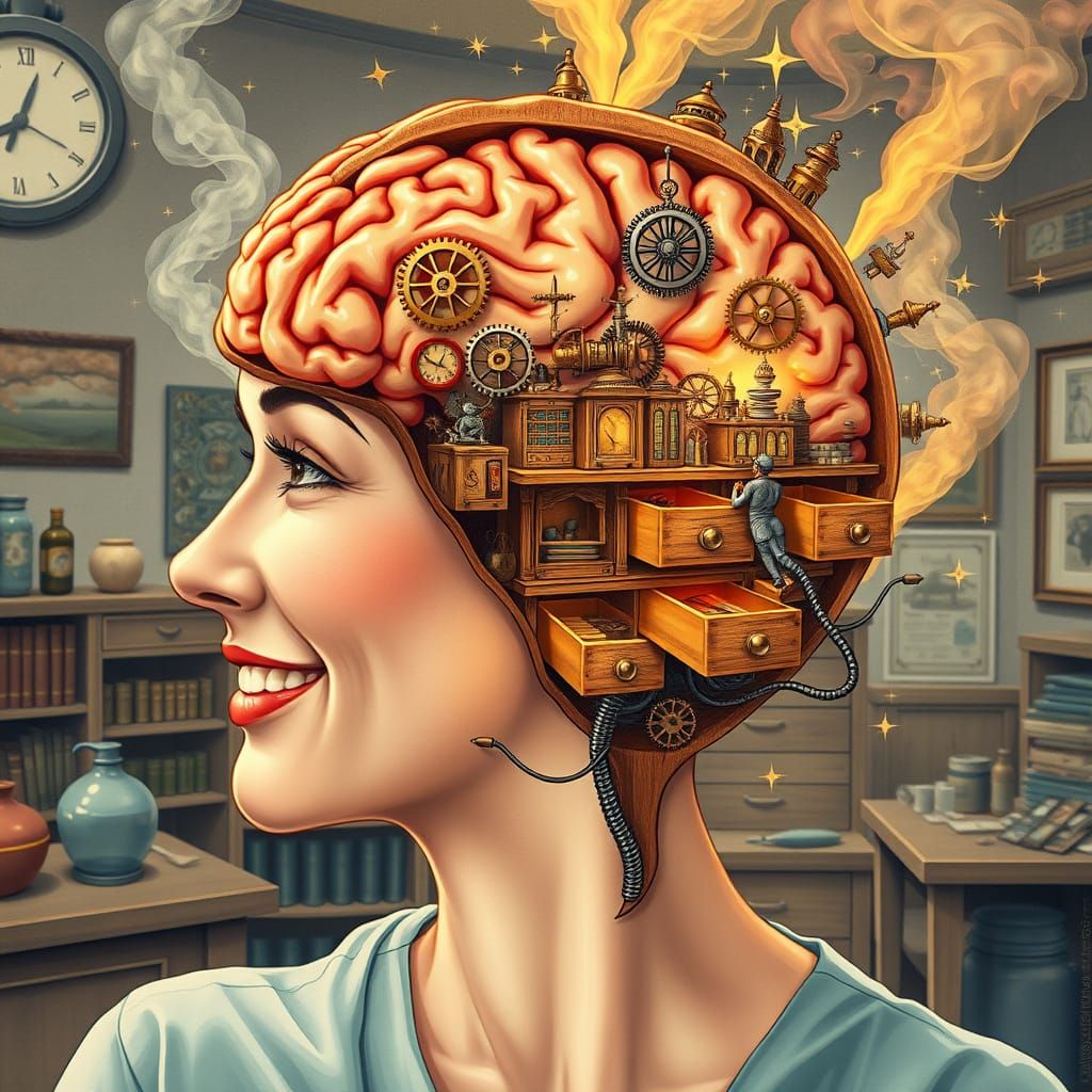 Woman's Brain Cabinet of Curiosities with Gears