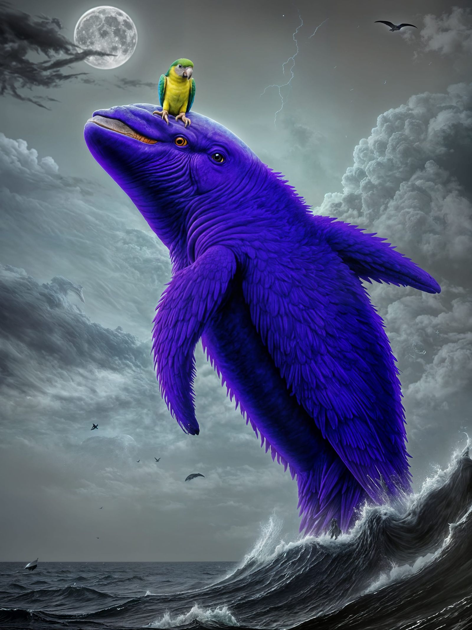 Scary Parrot on Shadow Whale Under Cracked Moon