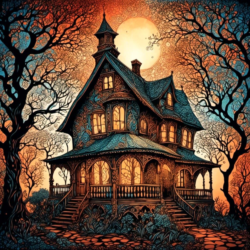 <lora:Bohemian Zentangle:1.0> house, auburn light