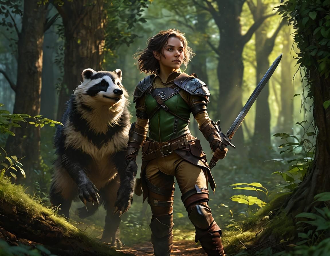 Halfling Ranger and Badger in Lush Forest