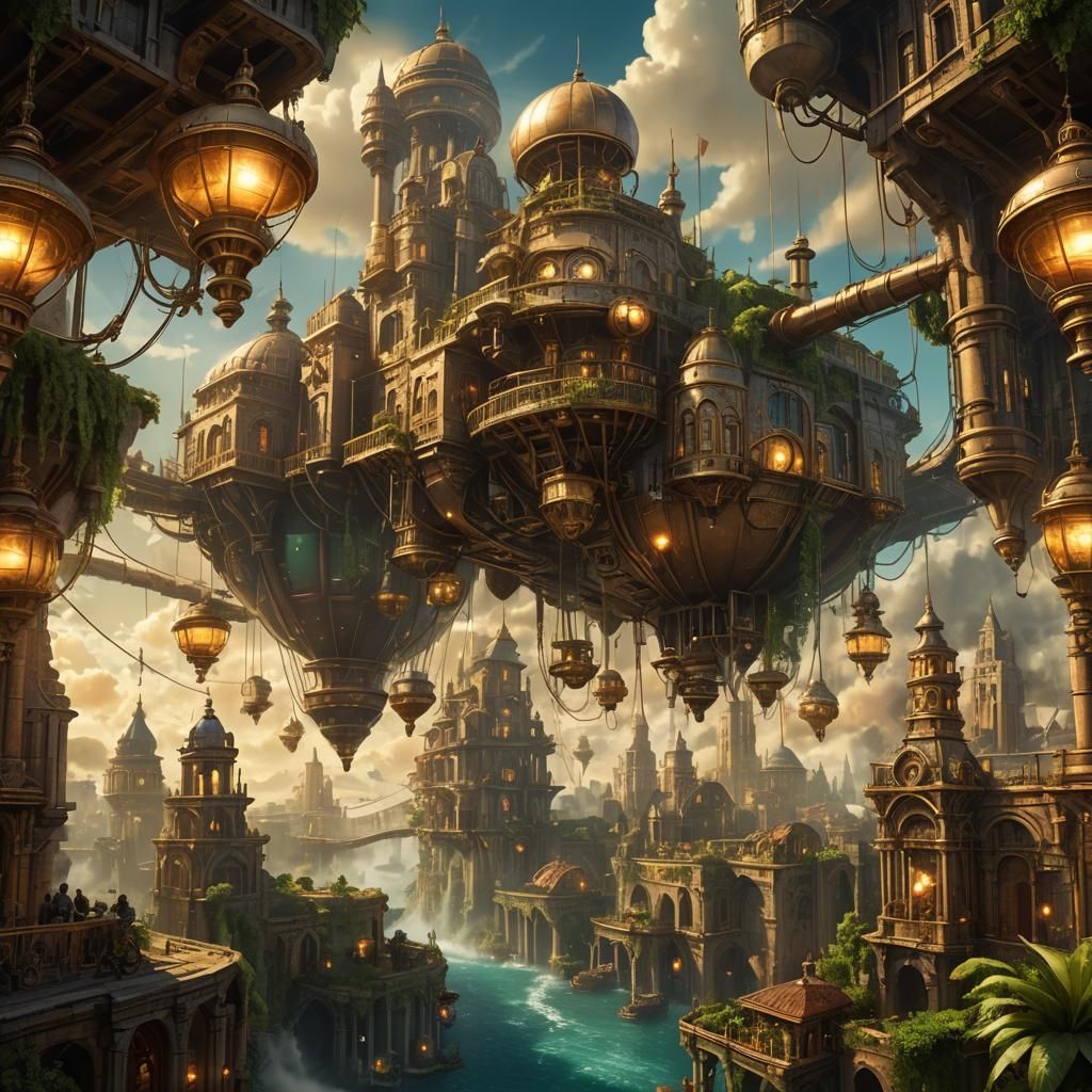 Steampunk Atlantis Cityscape with Airships and Golden Light