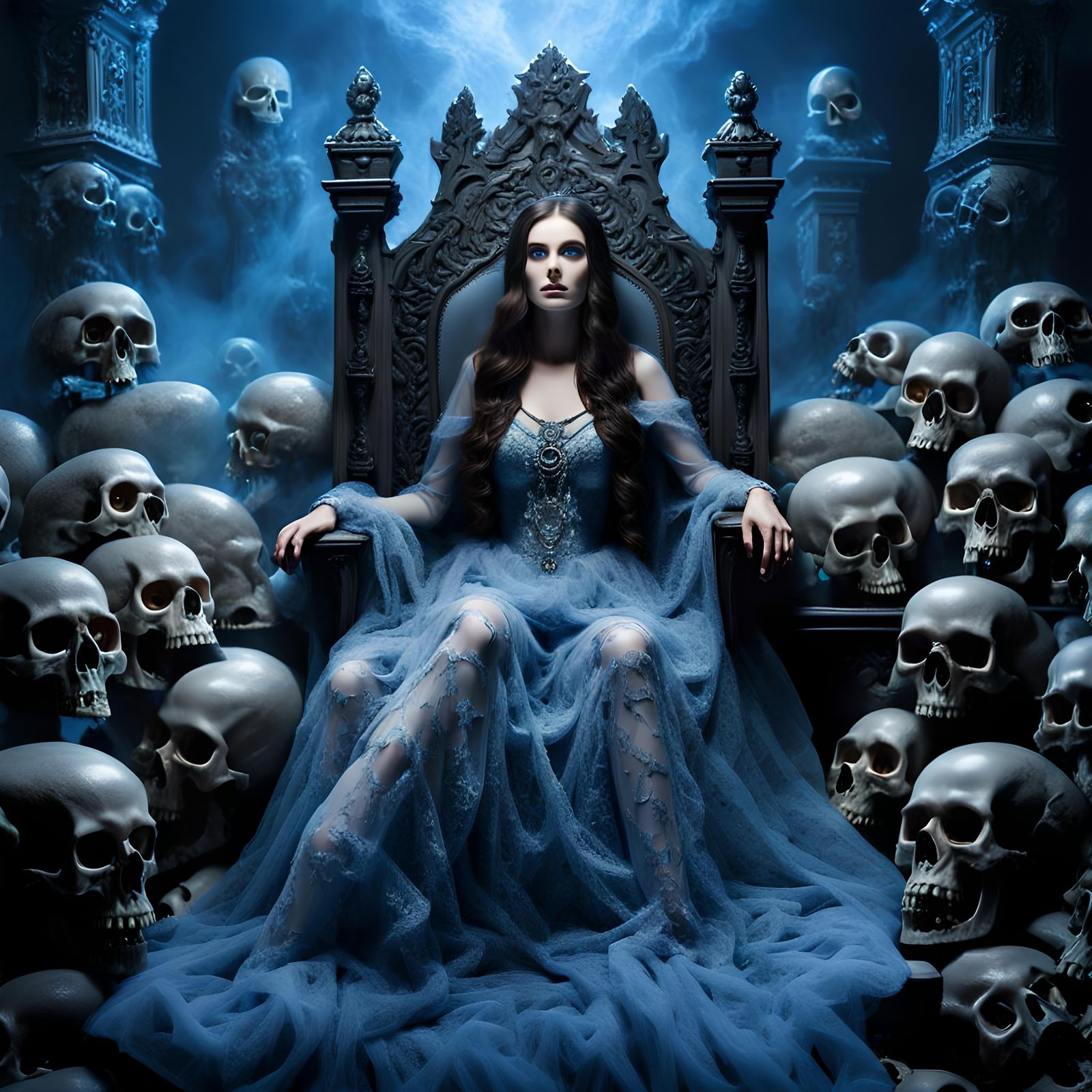 Ethereal Woman on Skull Throne in Blue Light