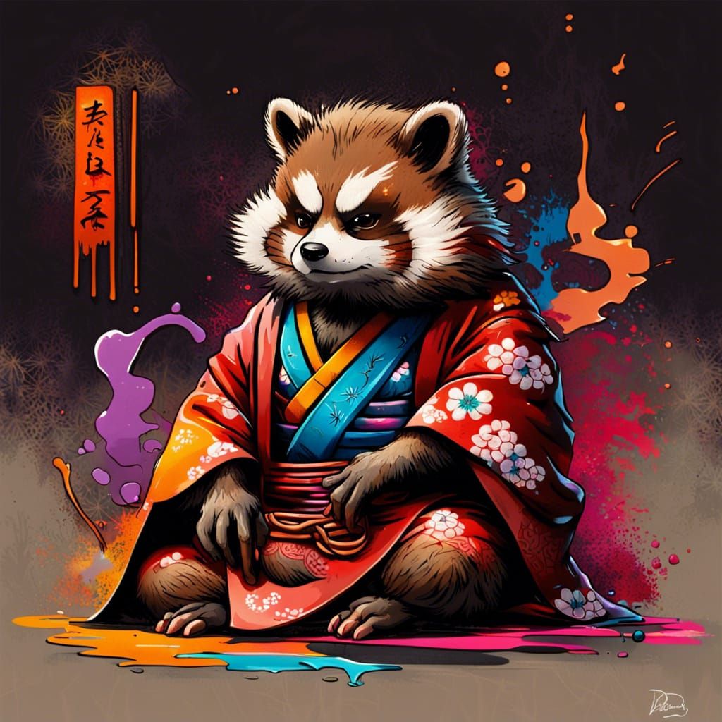 Tanuki Yakuza Kimono with Dragon, as Graffiti Art