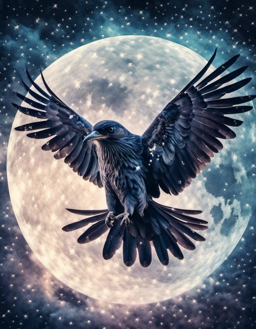 Bird in Double Exposure Against Moonlit Sky