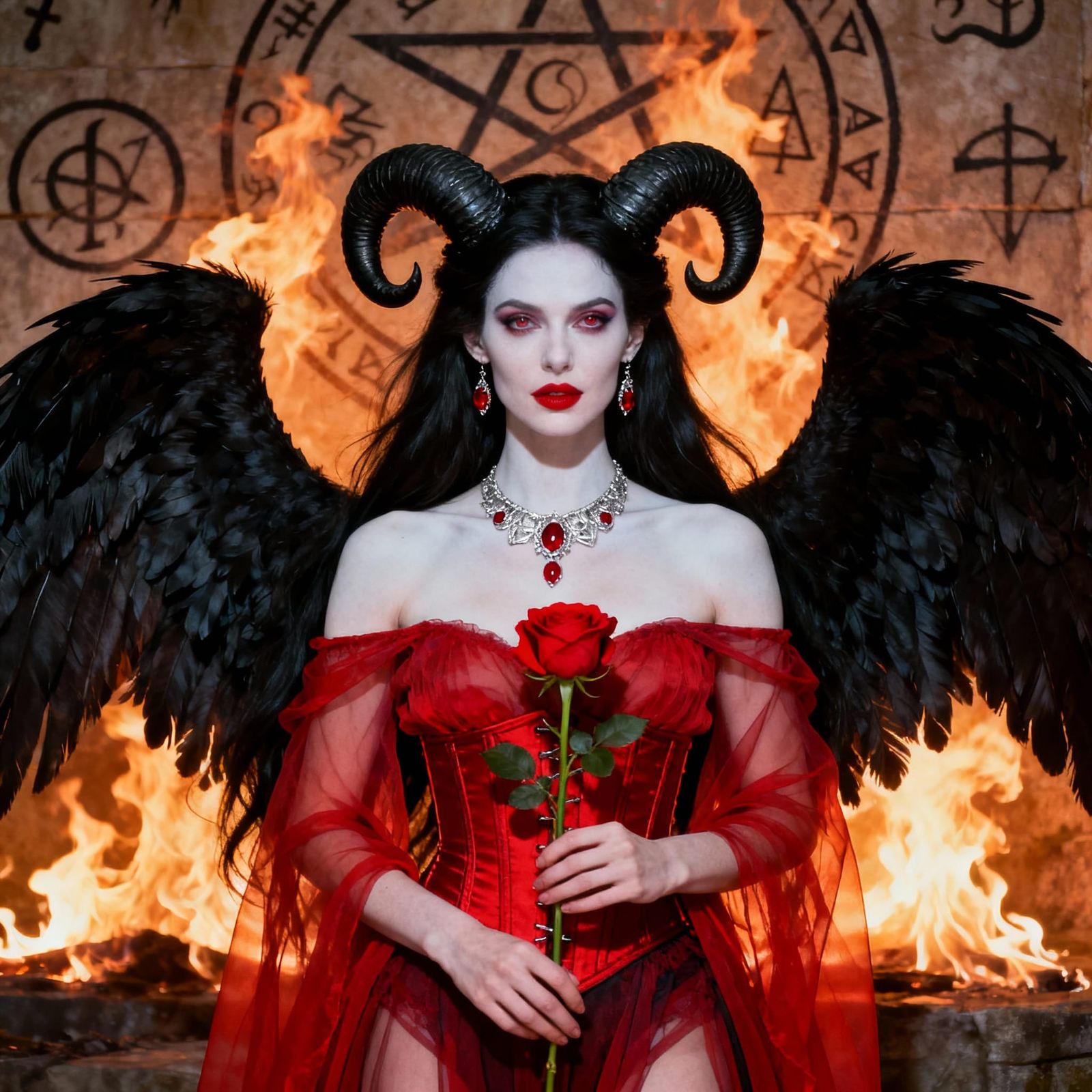 Goddess of Fire: Red Corset, Horns, and Wings