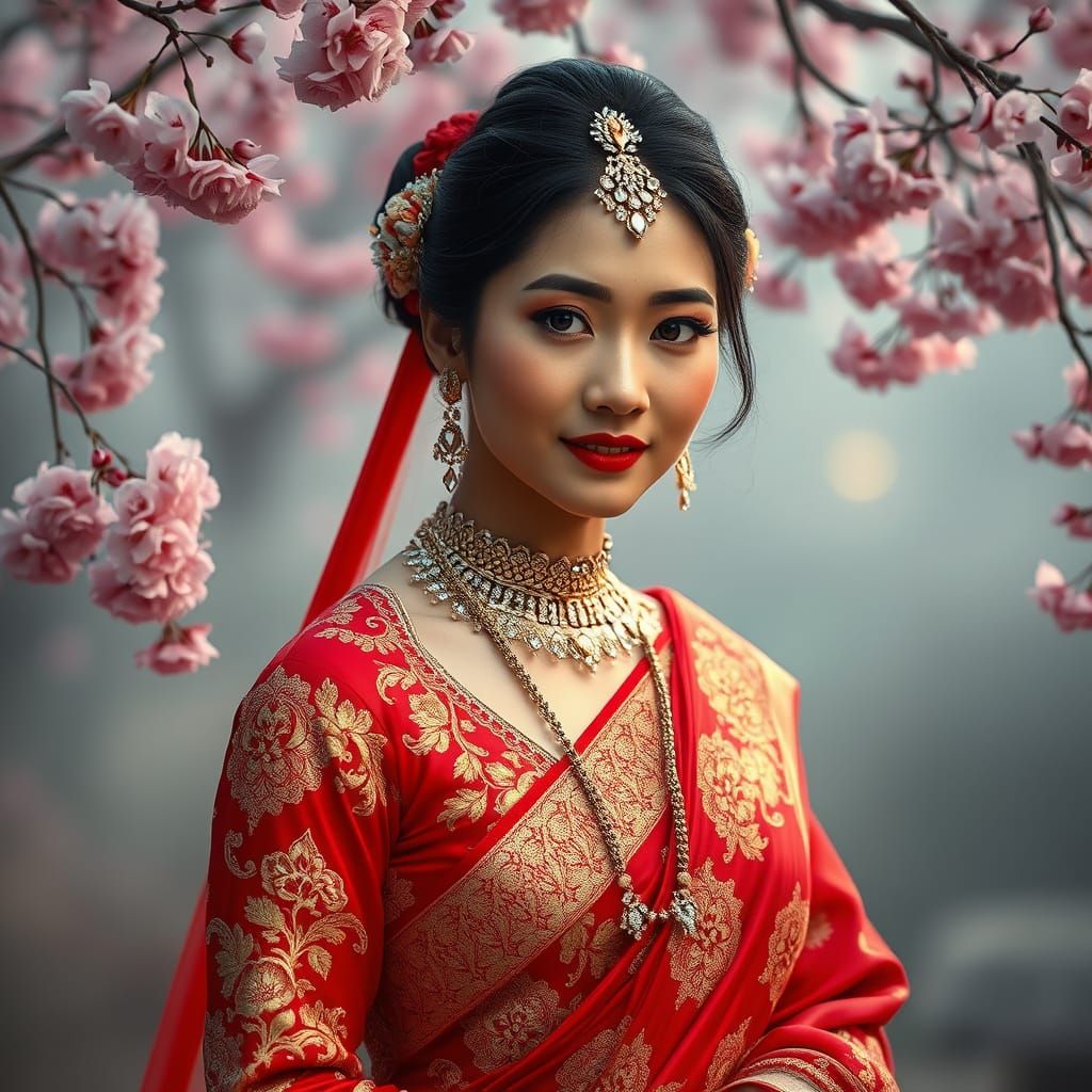 Elegant Bride in Vibrant Indian Saree in Misty Garden