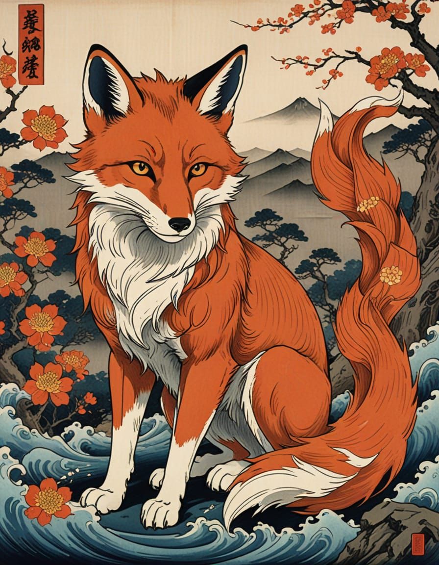 Kitsune in Ukiyo-e Style Painting
