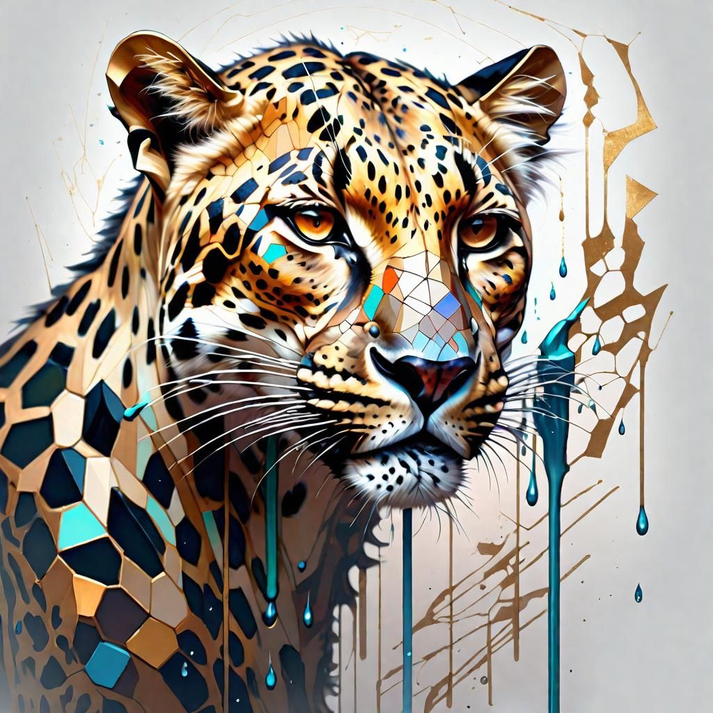 Leopard Ink Painting with Mosaic and Polygon Elements
