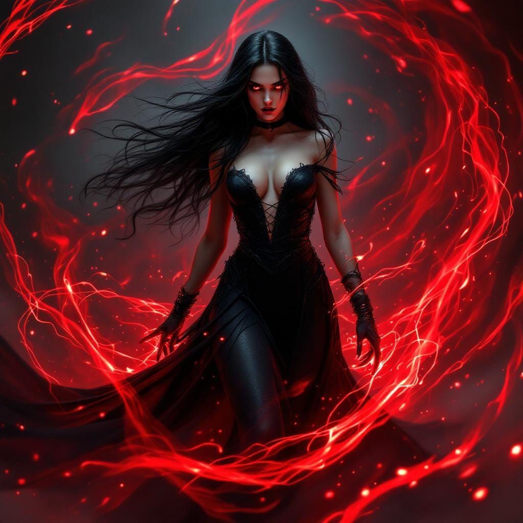 Dark Fantasy Sorceress Surrounded by Red Magic