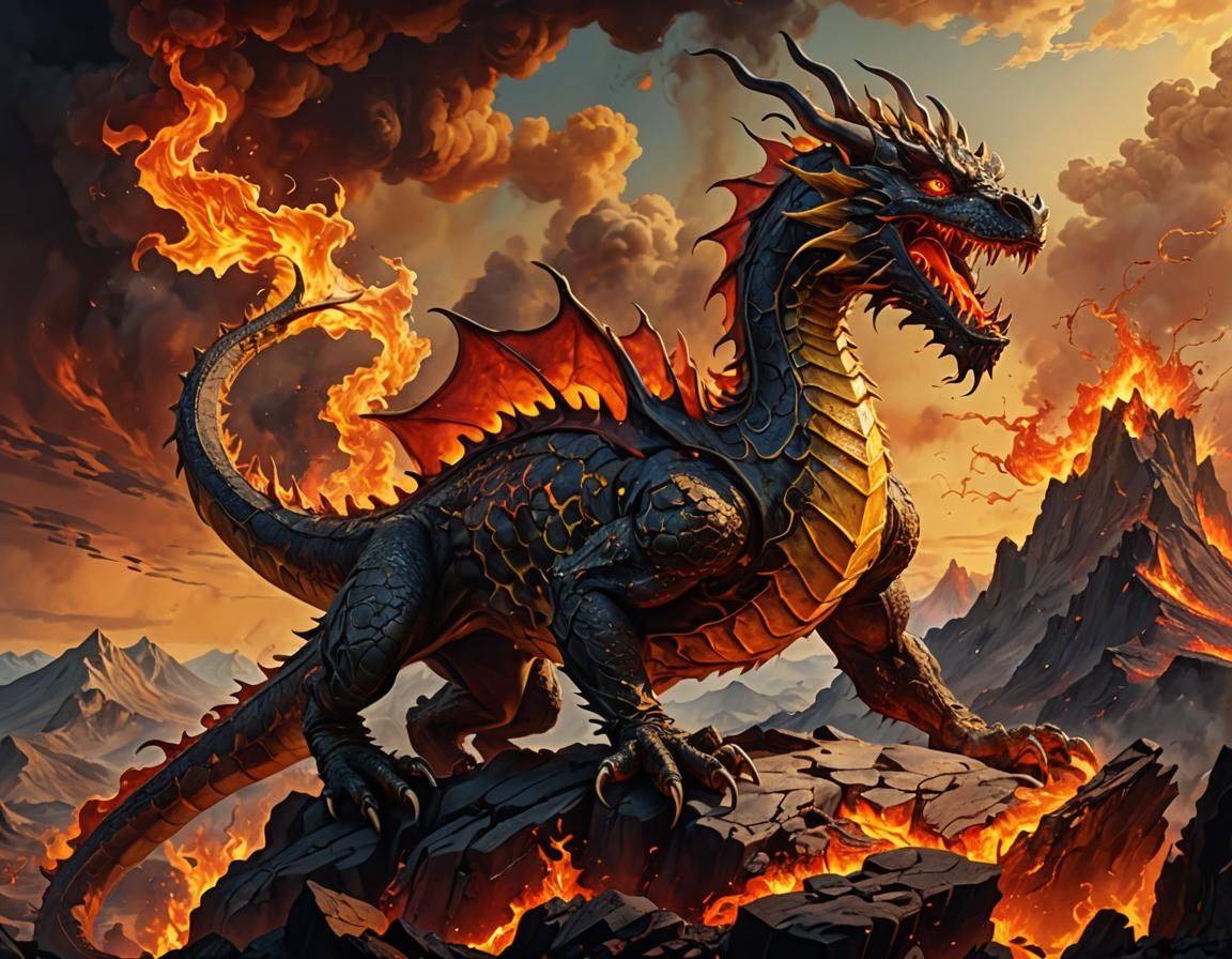 Wildfire Dragon Perched on Lava Mountain in Surrealism