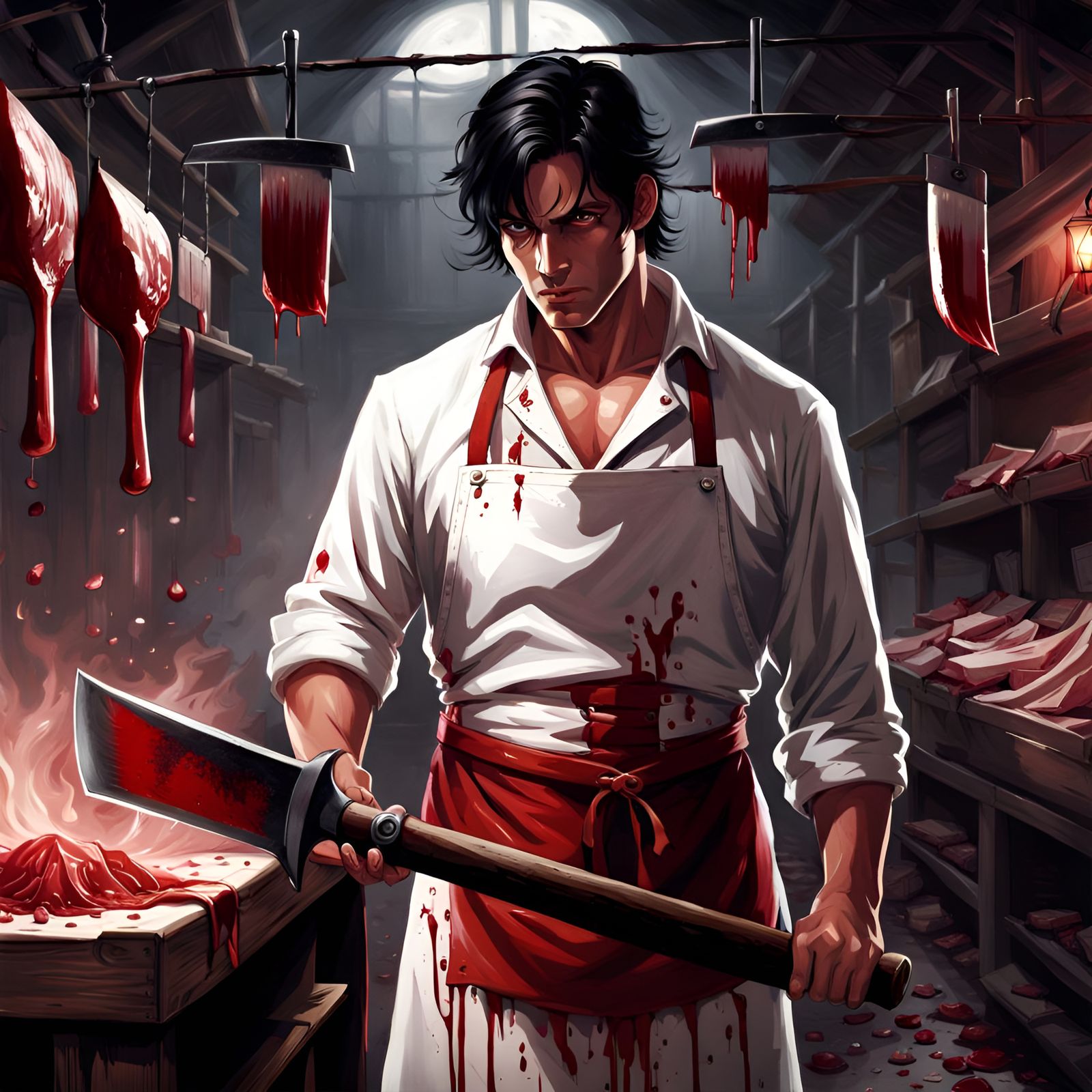 Butcher with Axe in Dark Slaughterhouse