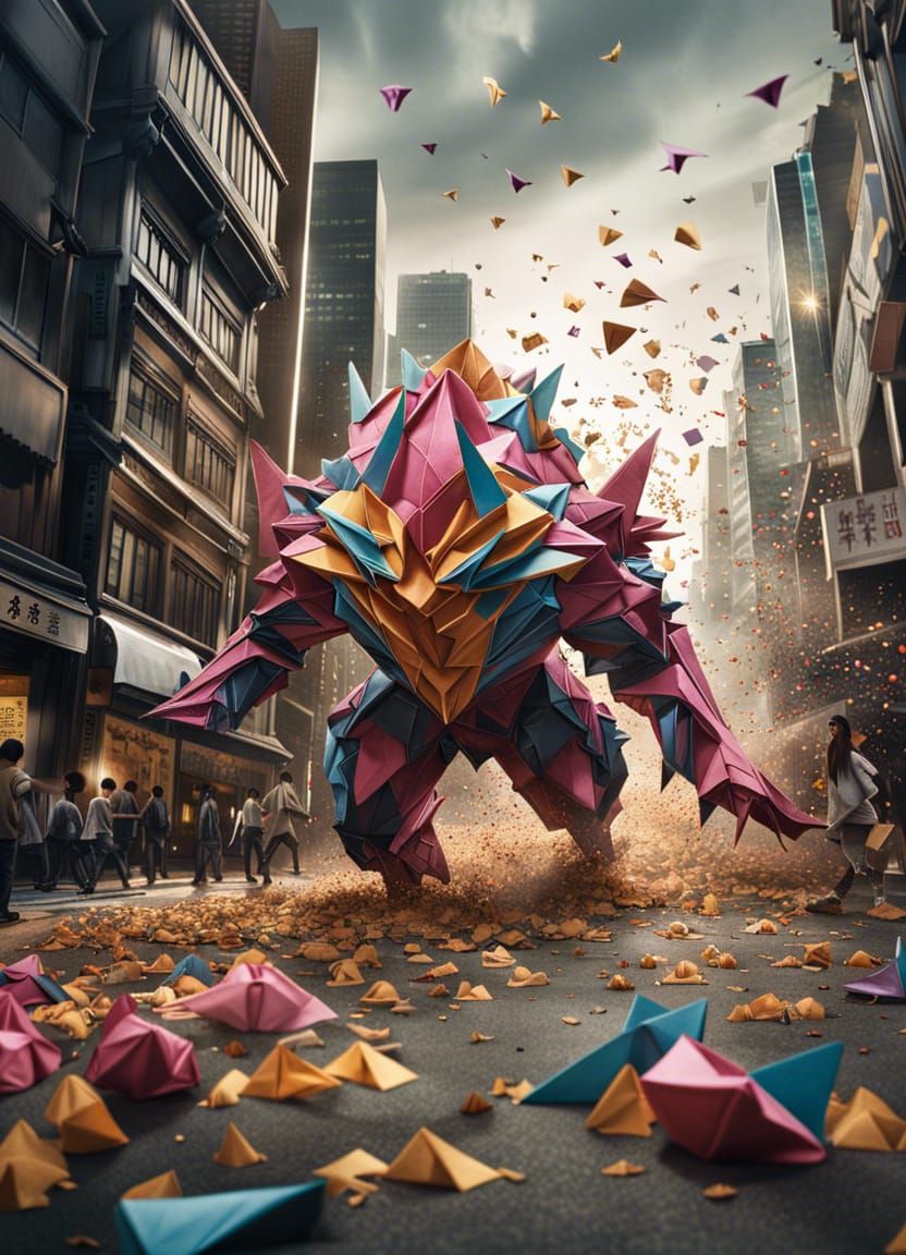 Origami Monster Attacks Tokyo in Hyperrealistic Style