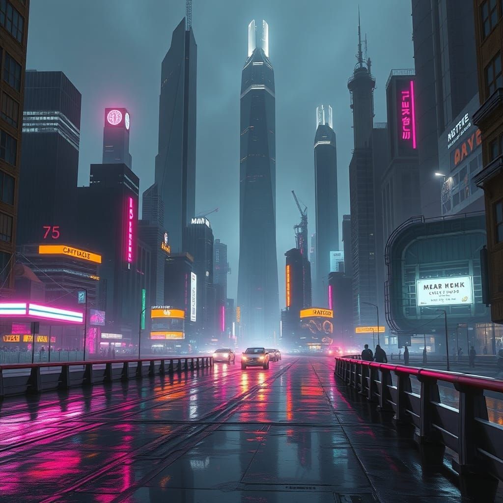 Dystopian Future Cityscape in Industrial Cyberpunk Style