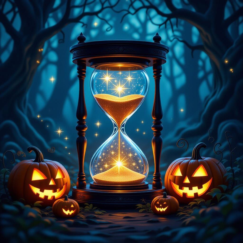 Glowing Hourglass in Enchanted Forest with Carved Pumpkins