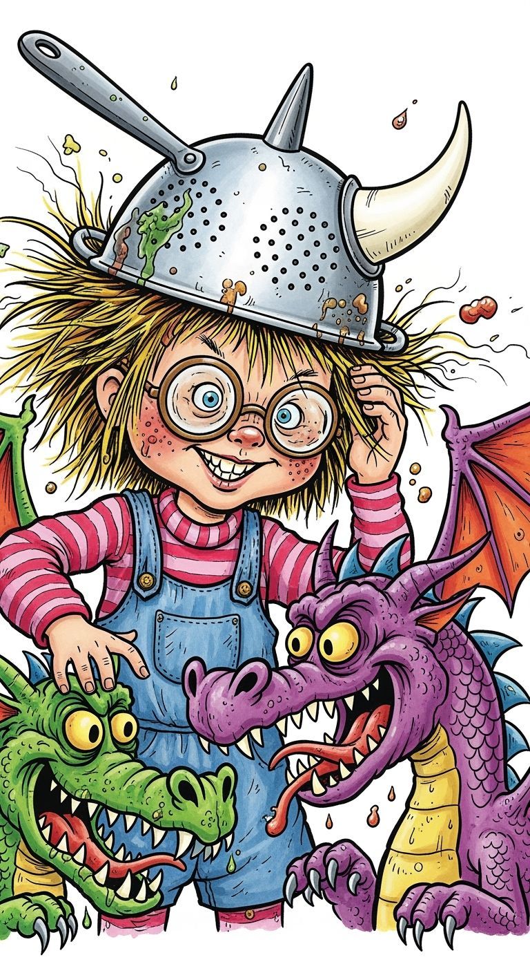 Girl in Viking Helmet Playing with Dragons