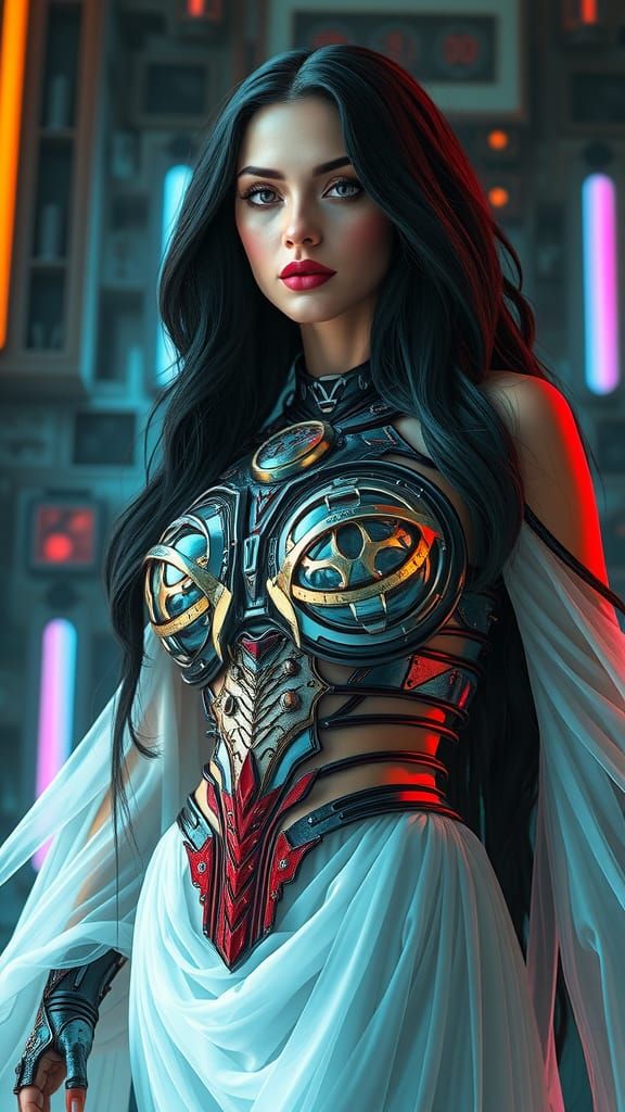 Cyberpunk Goddess in Dystopian Metropolis
