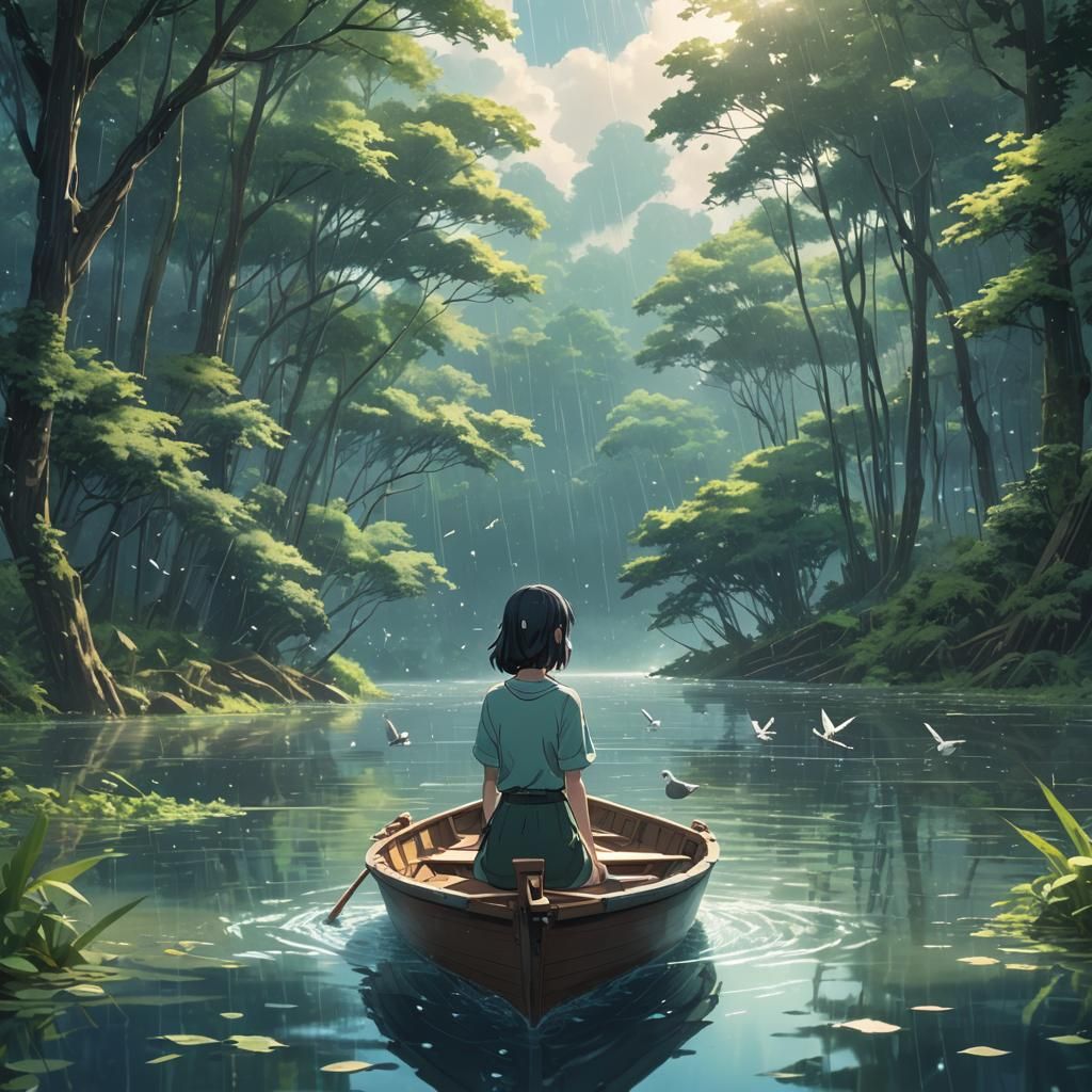 Girl in Boat on Lake: 3D Anime Art