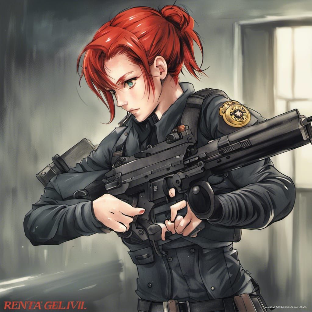 Red-Haired Girl with Gun in Anime Style