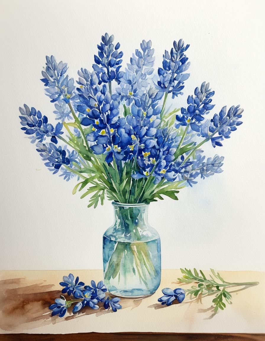 Watercolor Vase of Bluebonnets on Table