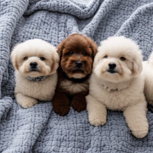 Three Fluffy Puppies Napping on a Blanket