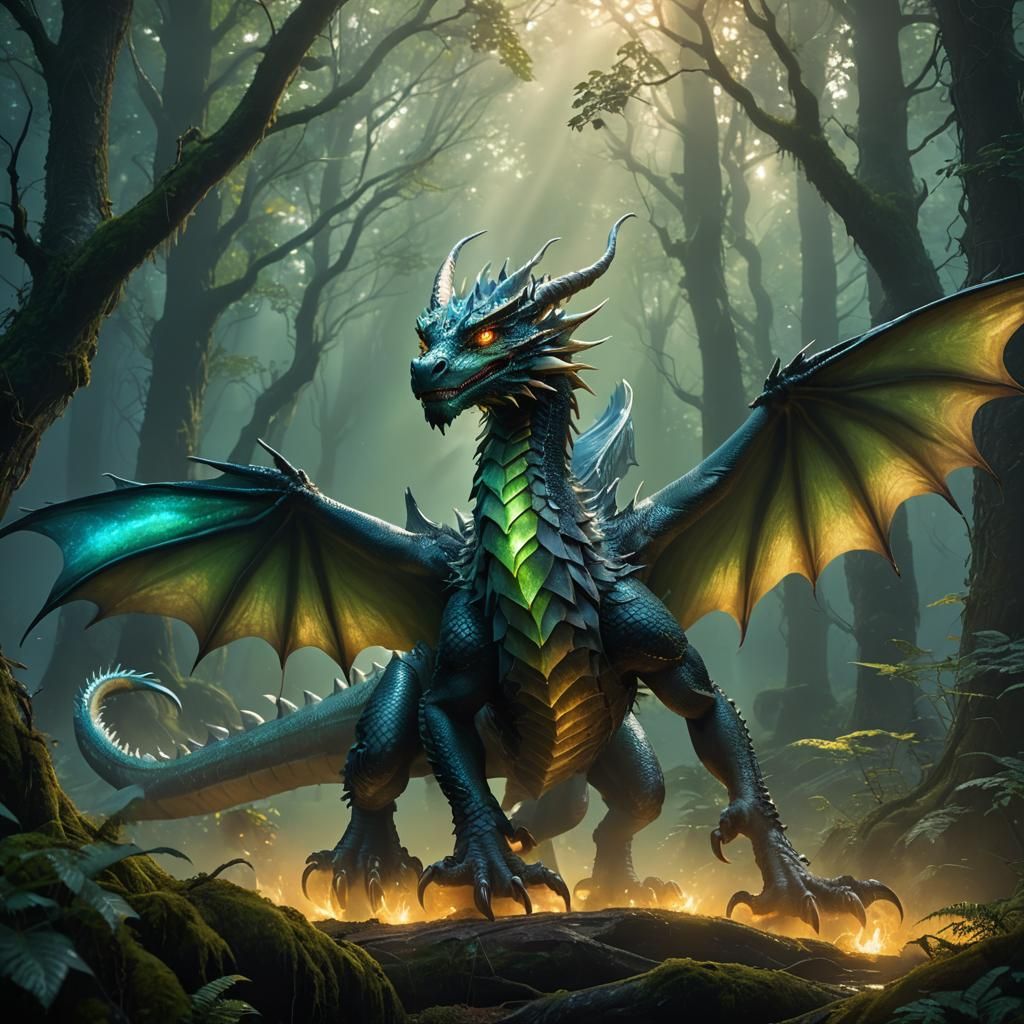 Dreamy Dragon in Misty Forest: A Fantasy Scene