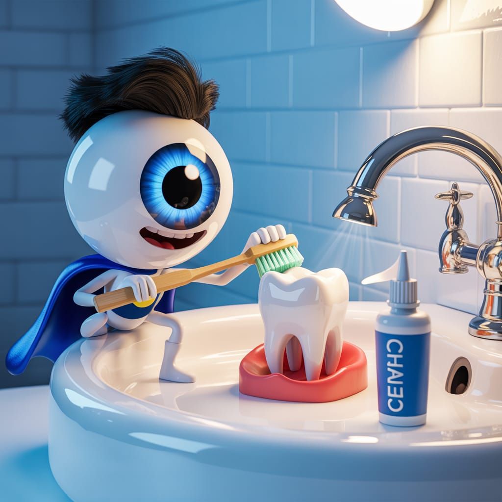 Eyeball Hero Cleans Tooth Model with Tiny Brush