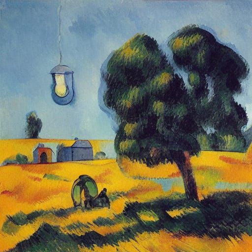 Figure Mashing Potatoes Under Lightbulb in Cezanne Style