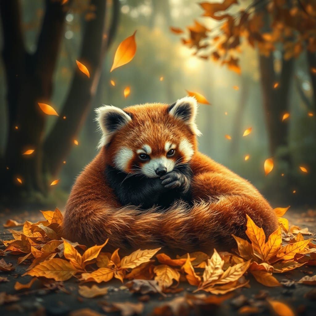 Whimsical Red Panda in Magical Autumn Leaves