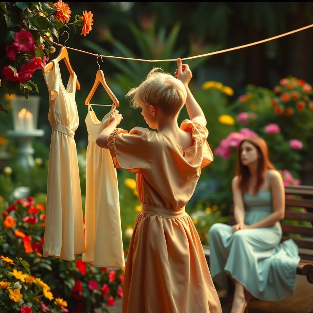 Cinematic Garden Scene: Boy in Dress Hanging Clothes