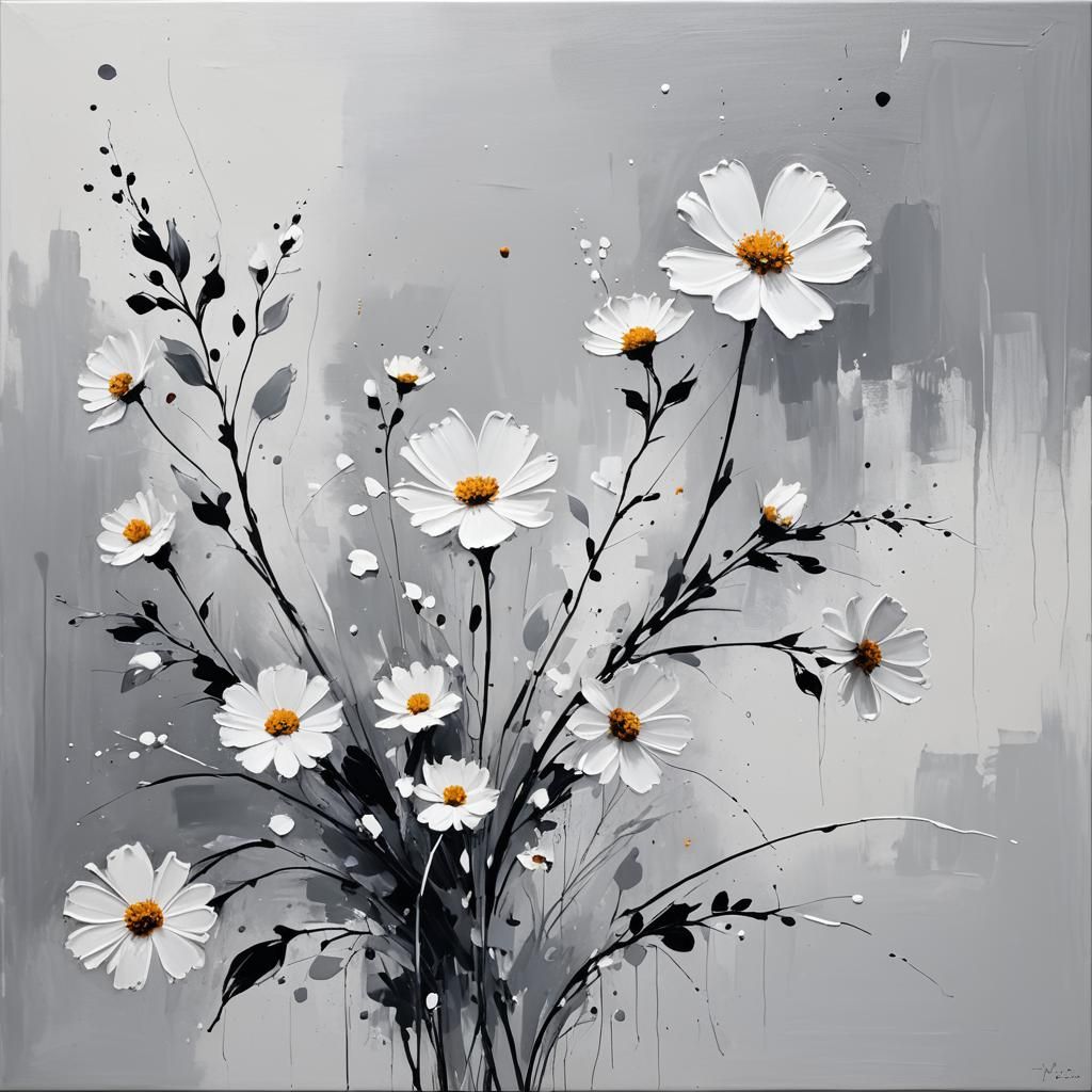 Minimalist White Floral Painting in Abstract Style