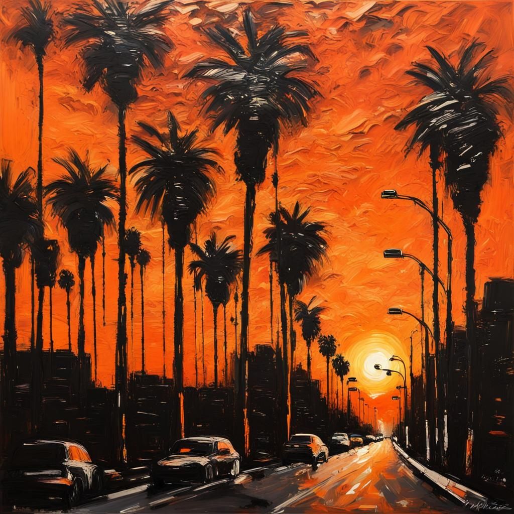 Los Angeles Boulevard Sunset Silhouette Painting