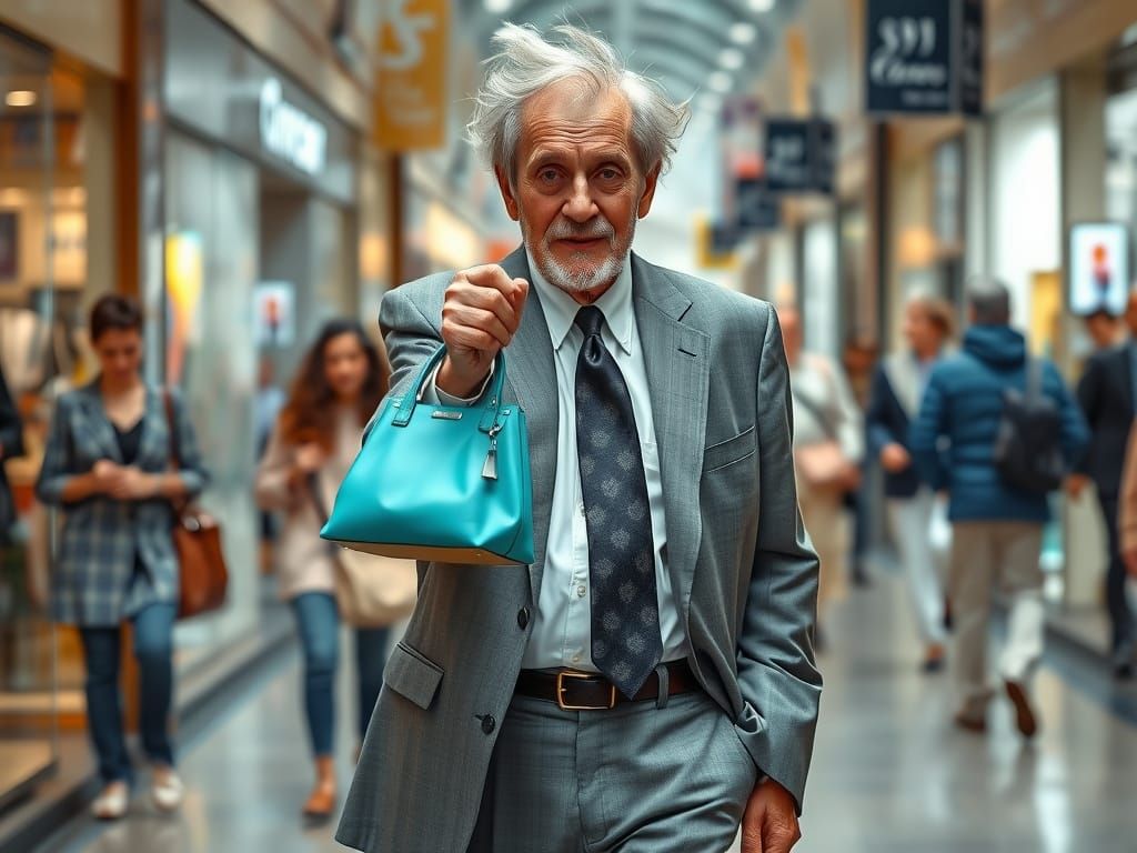 Extravagant Man Shows Turquoise Handbag in Street
