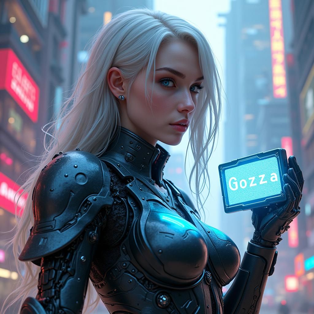 Cyberpunk Warrior Displays "Gozza" in Neon Cityscape