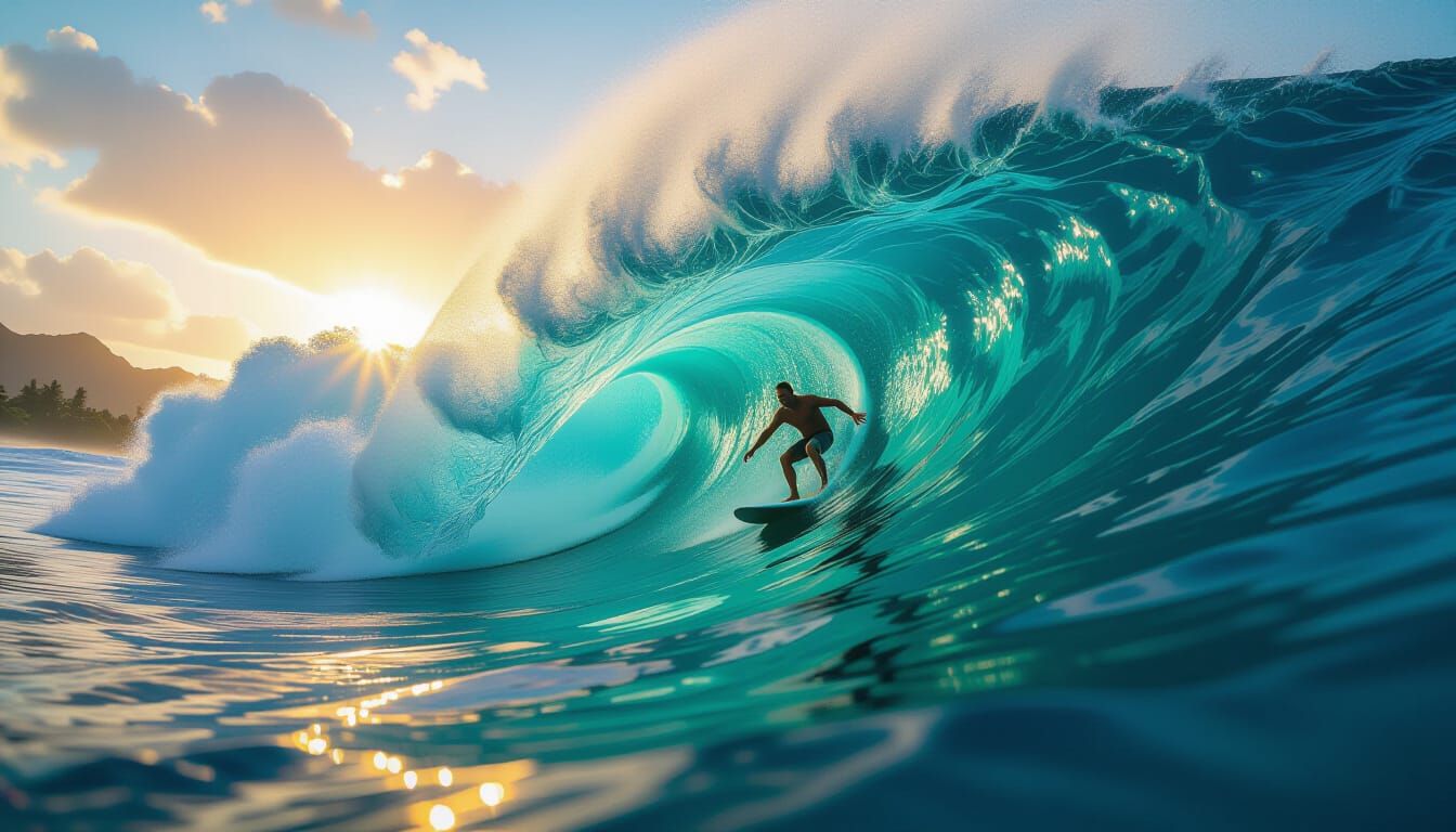 Surfer Rides Giant Hawaiian Wave at Golden Hour
