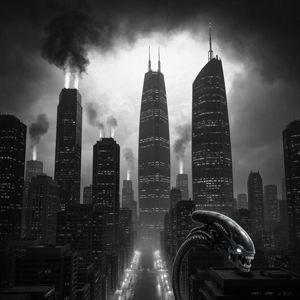 Xenomorph in Biomechanical Cyberpunk Cityscape