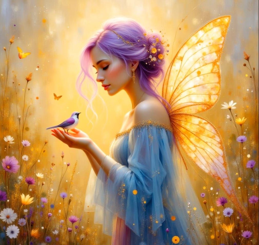 Ethereal Fairy in Wildflower Meadow with Bird