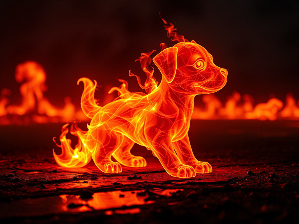 Surreal, Translucent Flame Sculpture of a Cute Puppy in a Sc...