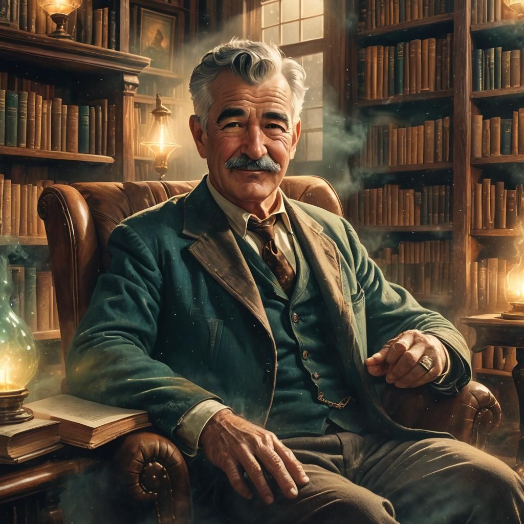 Faulkner as Ethereal Ghost in Mystical Library