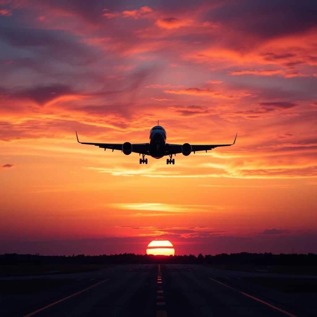 Airplane Takes Off in Vibrant Sunset Sky