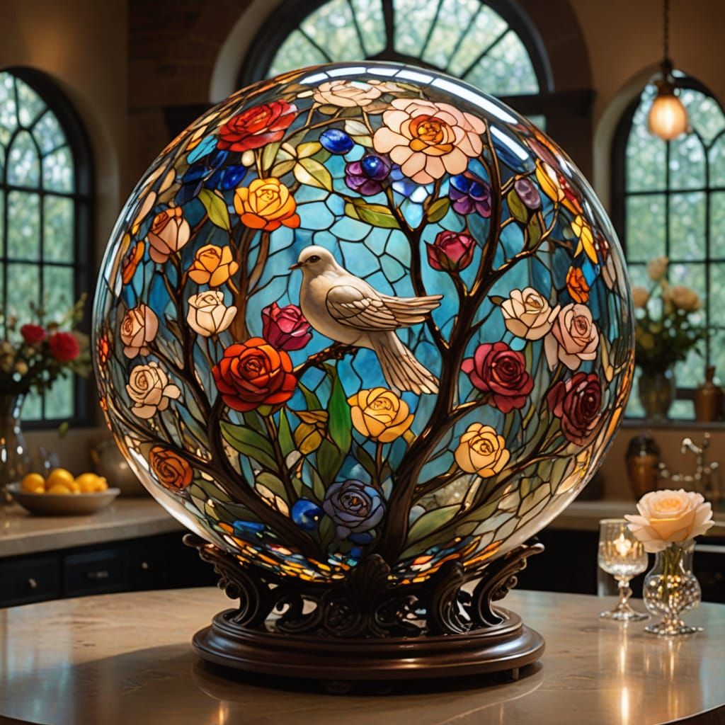 Surreal Glass Art with Dove and Roses in Warm Light